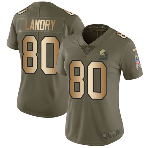 Nike Browns #80 Jarvis Landry Olive/Gold Women's Stitched NFL Limited Salute to Service Jersey - Click Image to Close